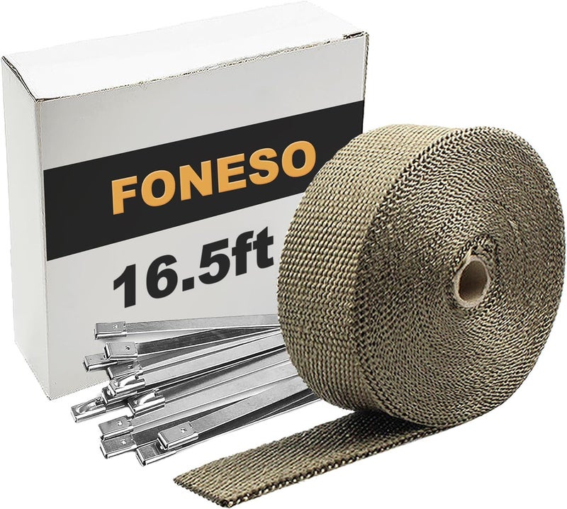 Foneso Exhaust Heat Wrap, 2in x 16.5ft Titanium Exhaust Muffler Tape Fiberglass Heat Shield Header Wrap for Car Motorcycle Pipes with 10 Pcs Stainless Steel Ties - Image 1